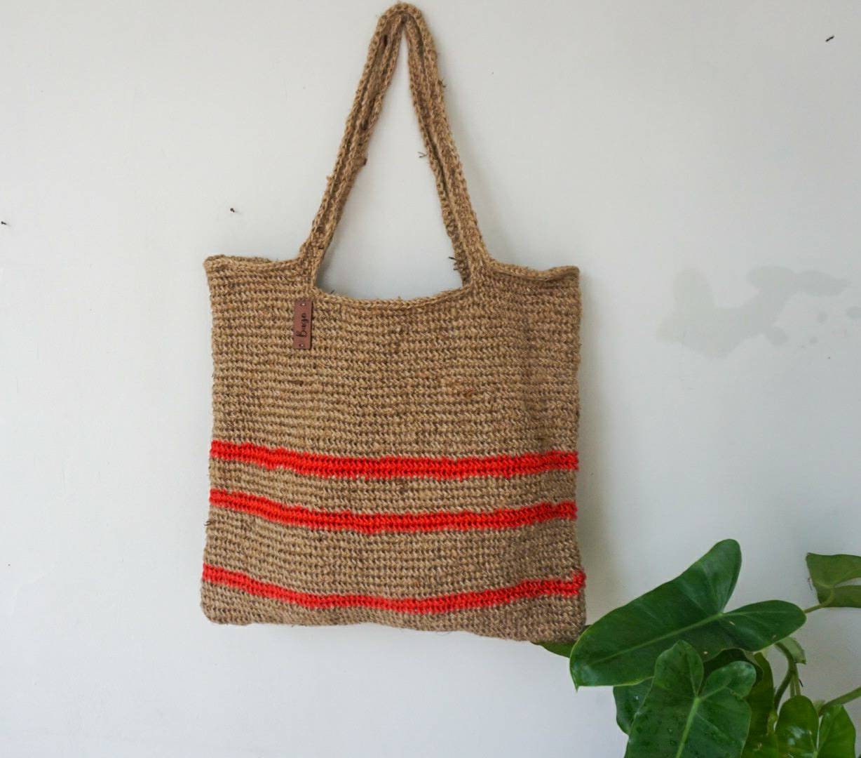 Large Jute Crochet Shoulder Tote Bag with Stripe Detail