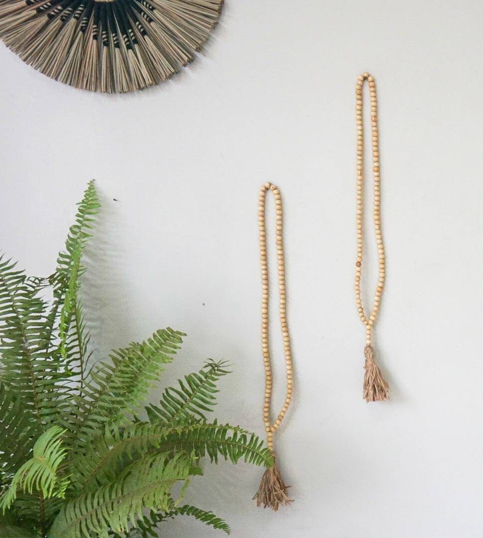 Set of 2 Natural Elegance: Wooden Bead Garland Curtain Tieback | Rustic Charm Wooden Bead Drapery Tie with tassel