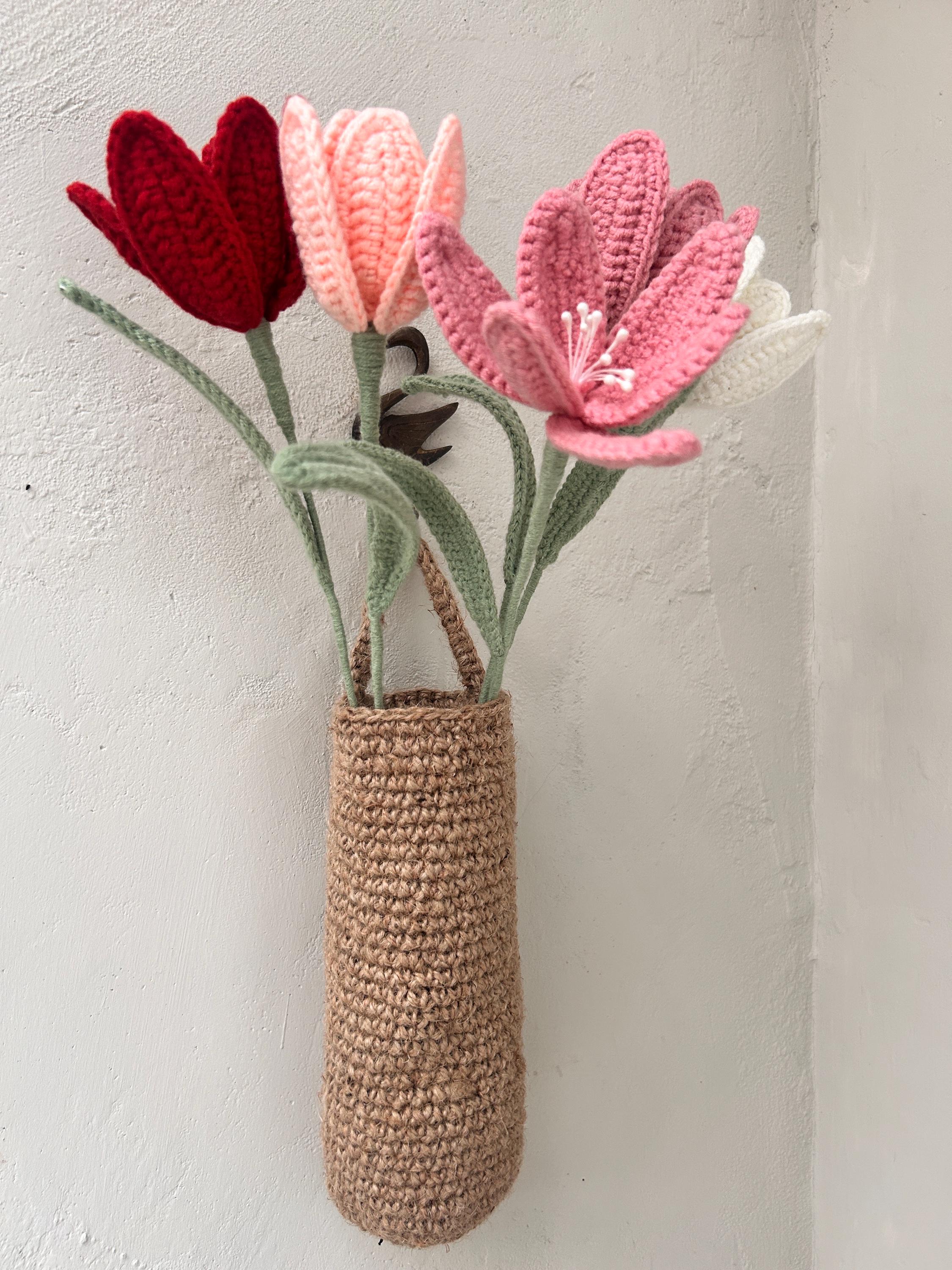 Crochet Tulip Wall Hanging Set – Handmade Vase with 5 Flowers