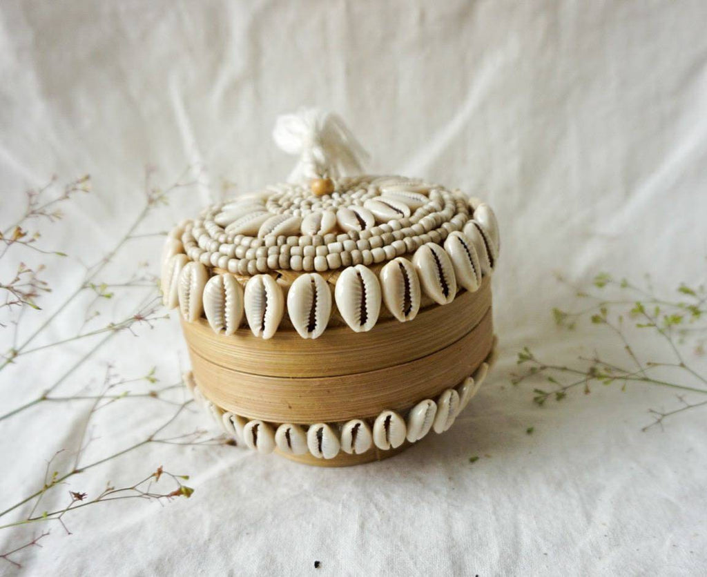 Balinese Bamboo Basket with Sea Shell Beads – Decorative Accent