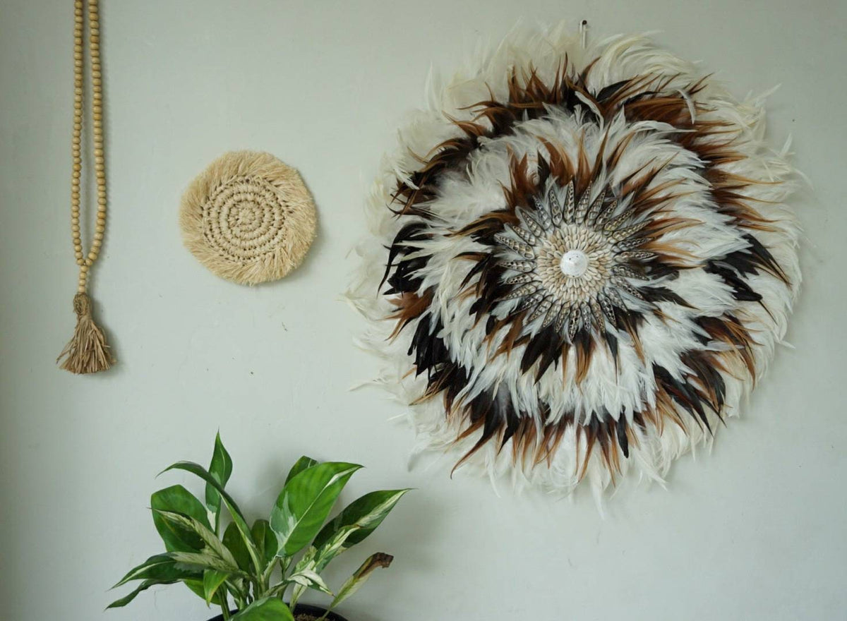White and Brown Juju Hat Wall Decor | jujuhat sea shell wall hanging | large jujuhat decor