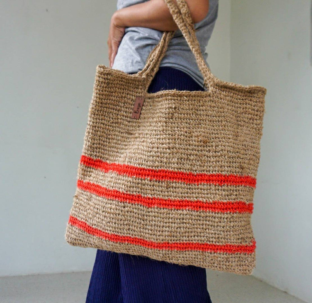 Large Jute Crochet Shoulder Tote Bag with Stripe Detail