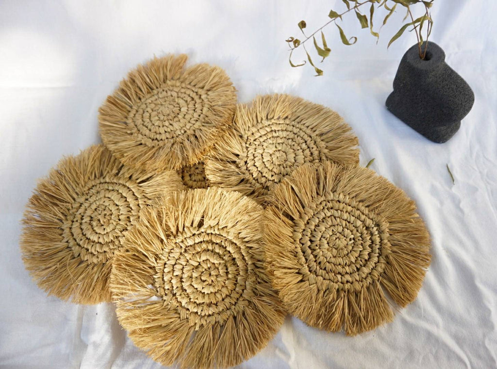 Handmade Round Raffia Coaster Set with Fringe