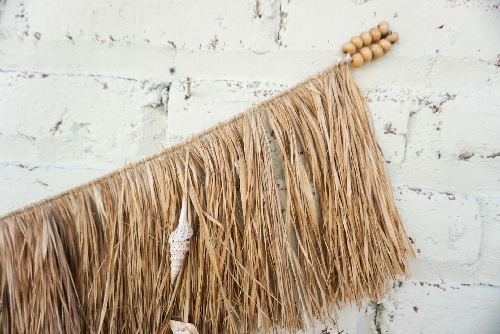 Boho Hawaiian Sea Shells Wall Hanging with Raffia Fringe