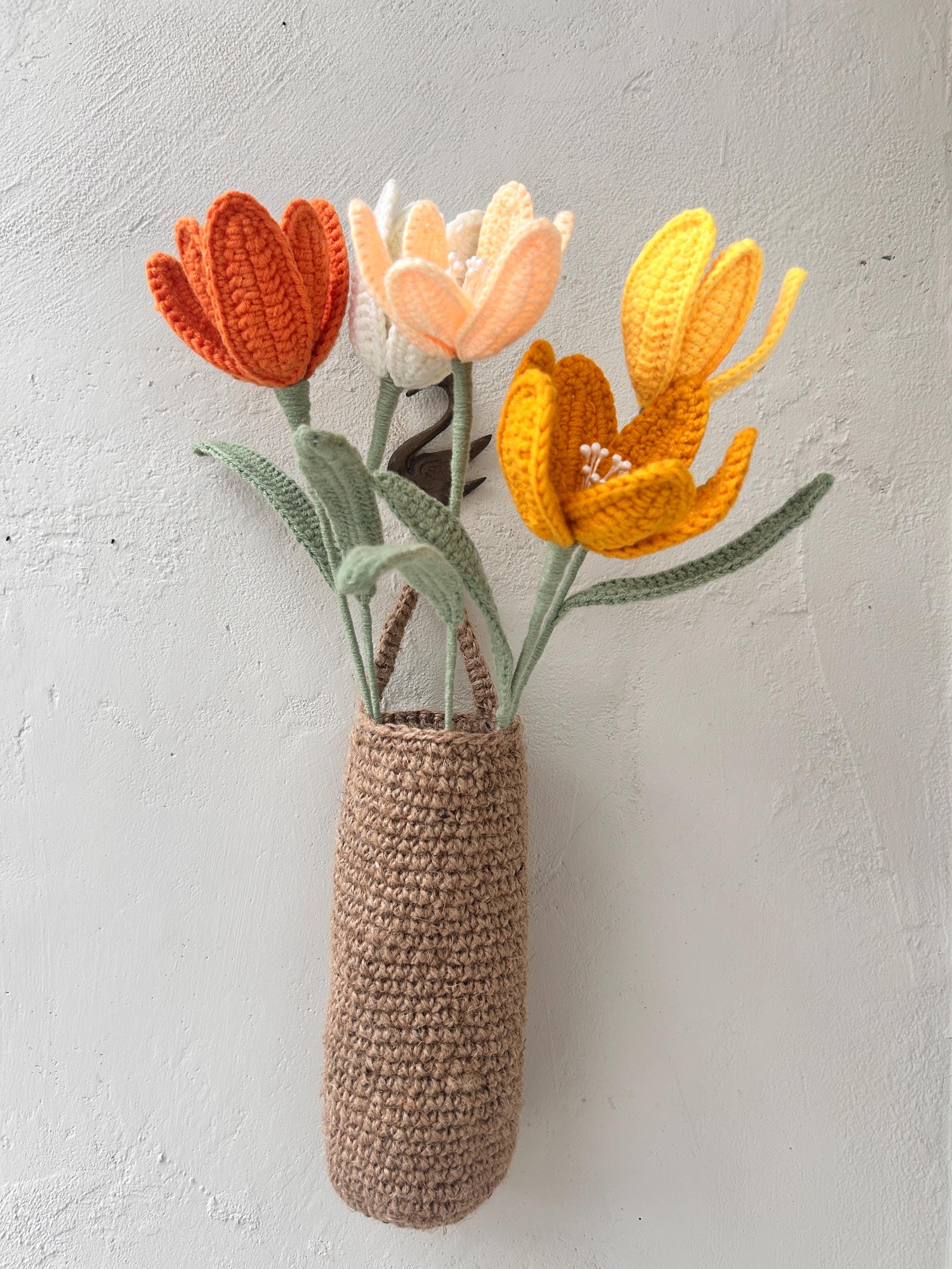 Crochet Tulip Wall Hanging Set – Handmade Vase with 5 Flowers